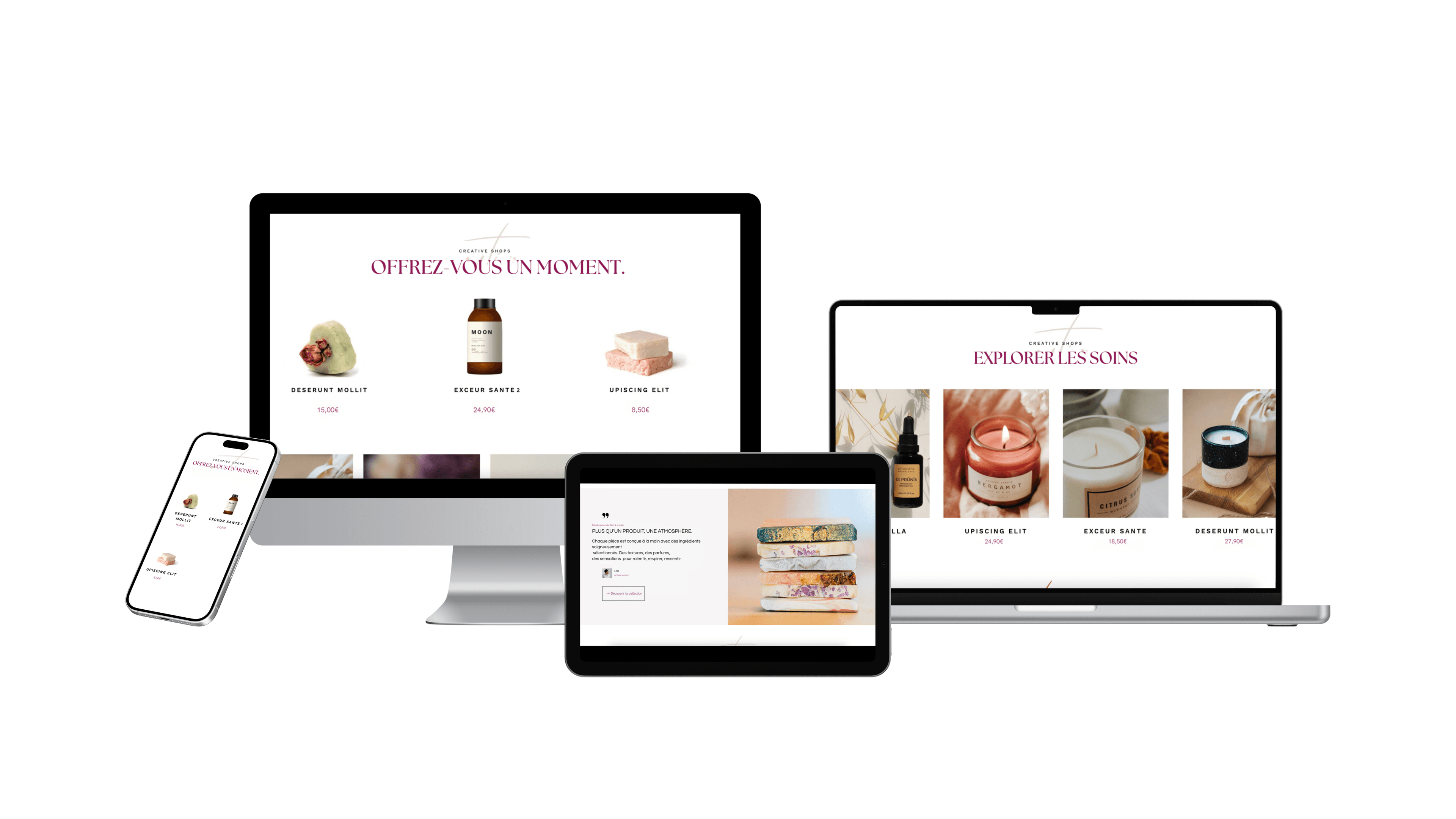 Maquette responsive Creative Shape - e-commerce soins et cosmétiques sur mobile, tablette et ordinateur