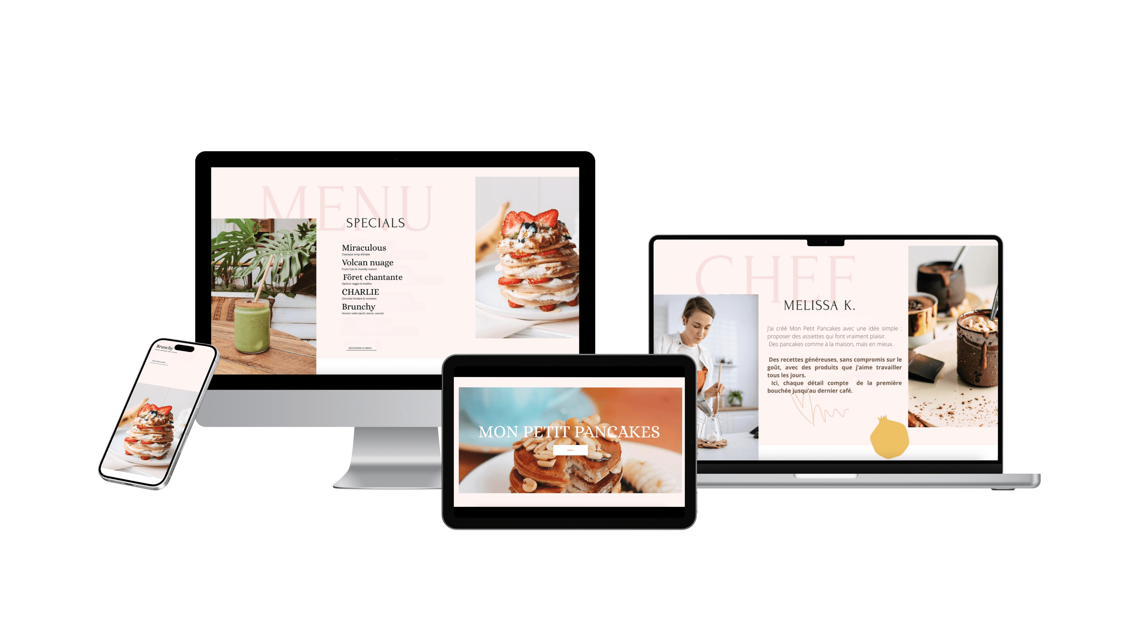 Maquette responsive Mon Petit Pancakes - site restauration, menu et chef sur tous les écrans